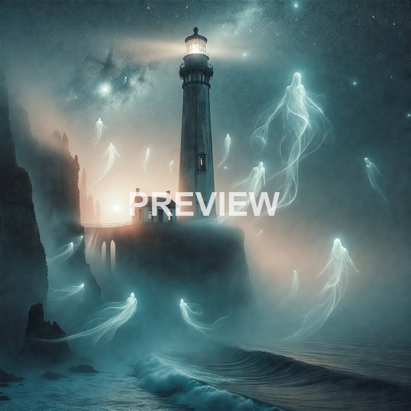 A mystical scene featuring a lighthouse on a rocky cliff surrounded by glowing, ghostly jellyfish-like creatures floating in the night sky over the ocean.